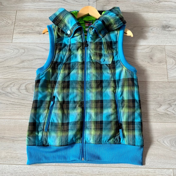 BURTON Starr Plaid Hooded Vest, Women's XL DryRide Aqua Lime  Zip Hoodie - Picture 1 of 16